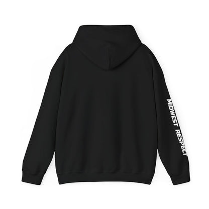 Black hoodie with 'Midwest Respect' text on sleeve against a white background