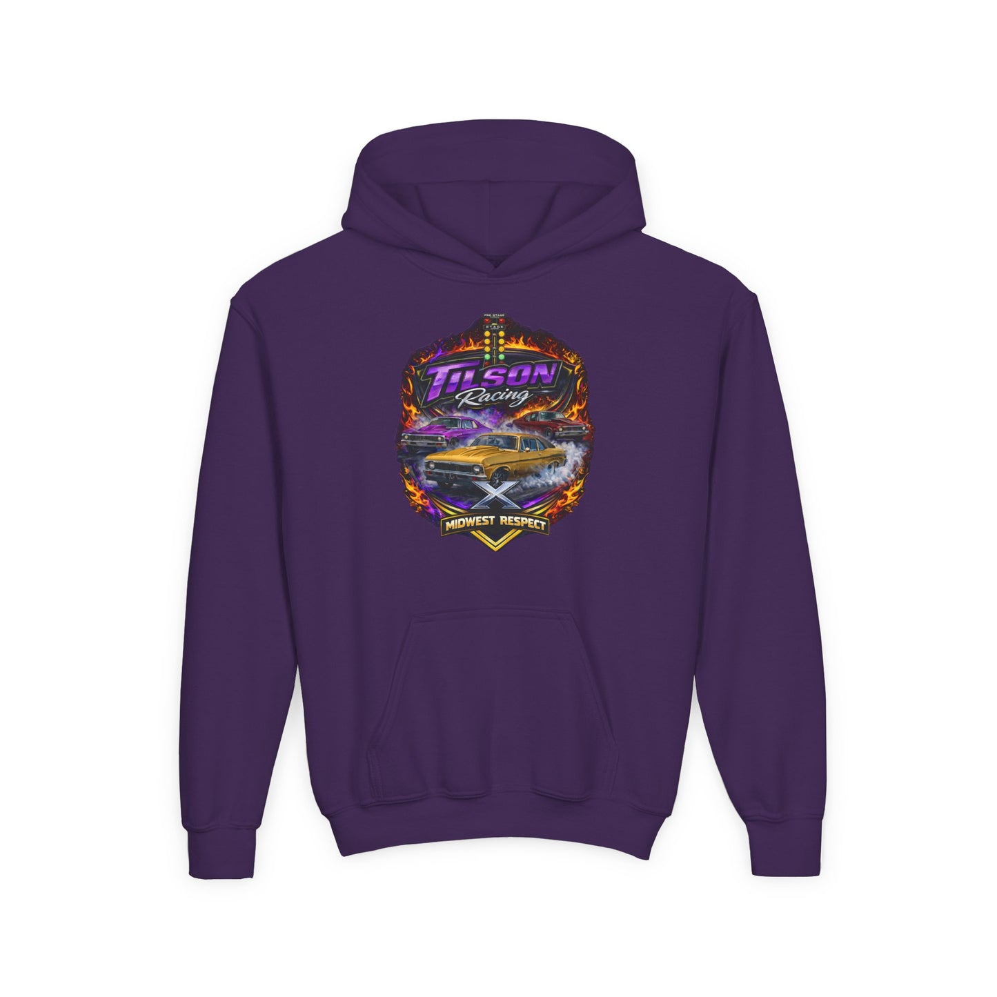 Purple hoodie with a colorful graphic on the back against a white background