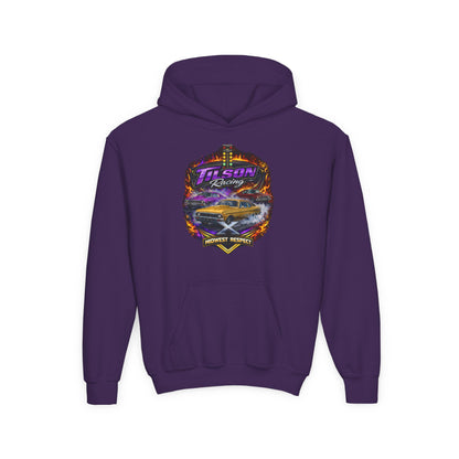 Purple hoodie with a colorful graphic on the back against a white background