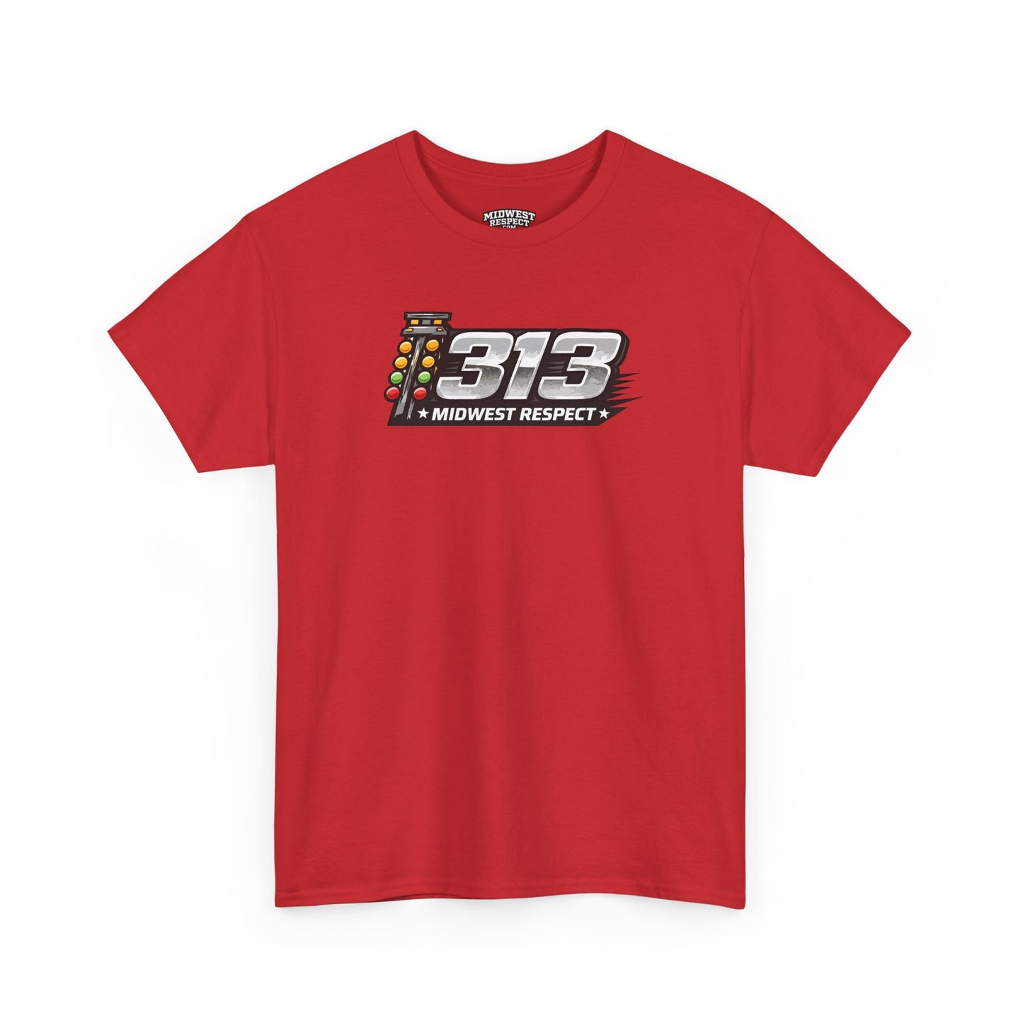 Red t-shirt with '313 Midwest Respect' graphic on a white background