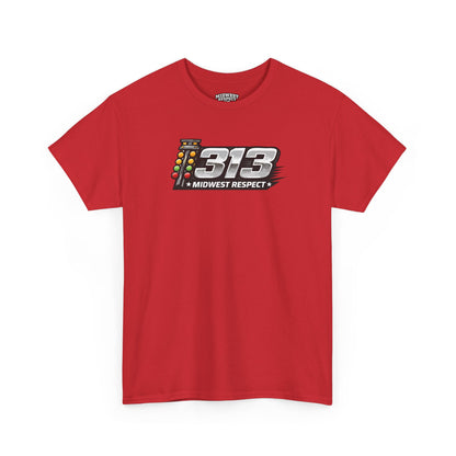 Red t-shirt with '313 Midwest Respect' graphic on a white background
