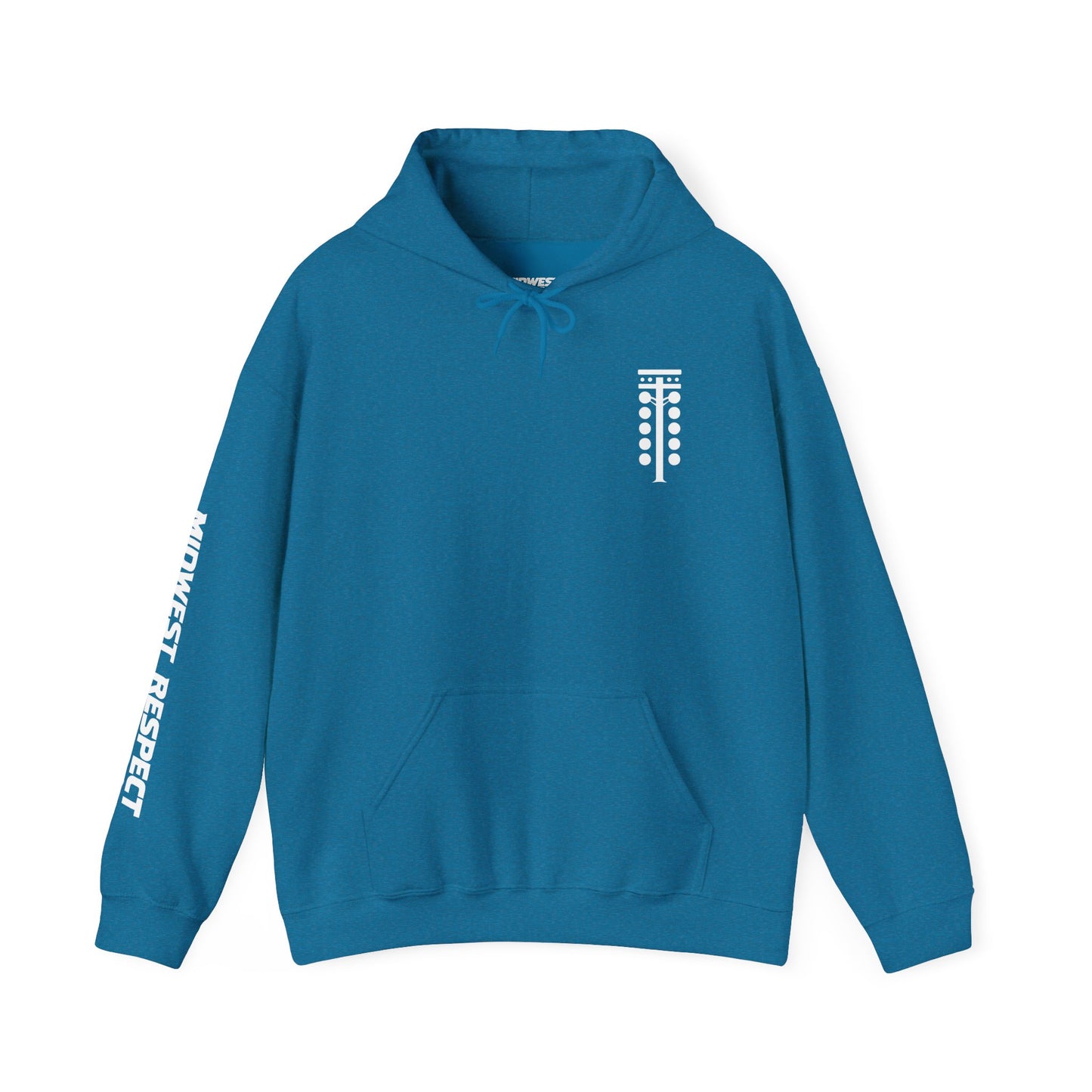 Blue hoodie with white logo and text on a white background