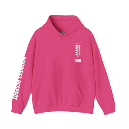 Dark pink hoodie with white text and graphics on a white background
