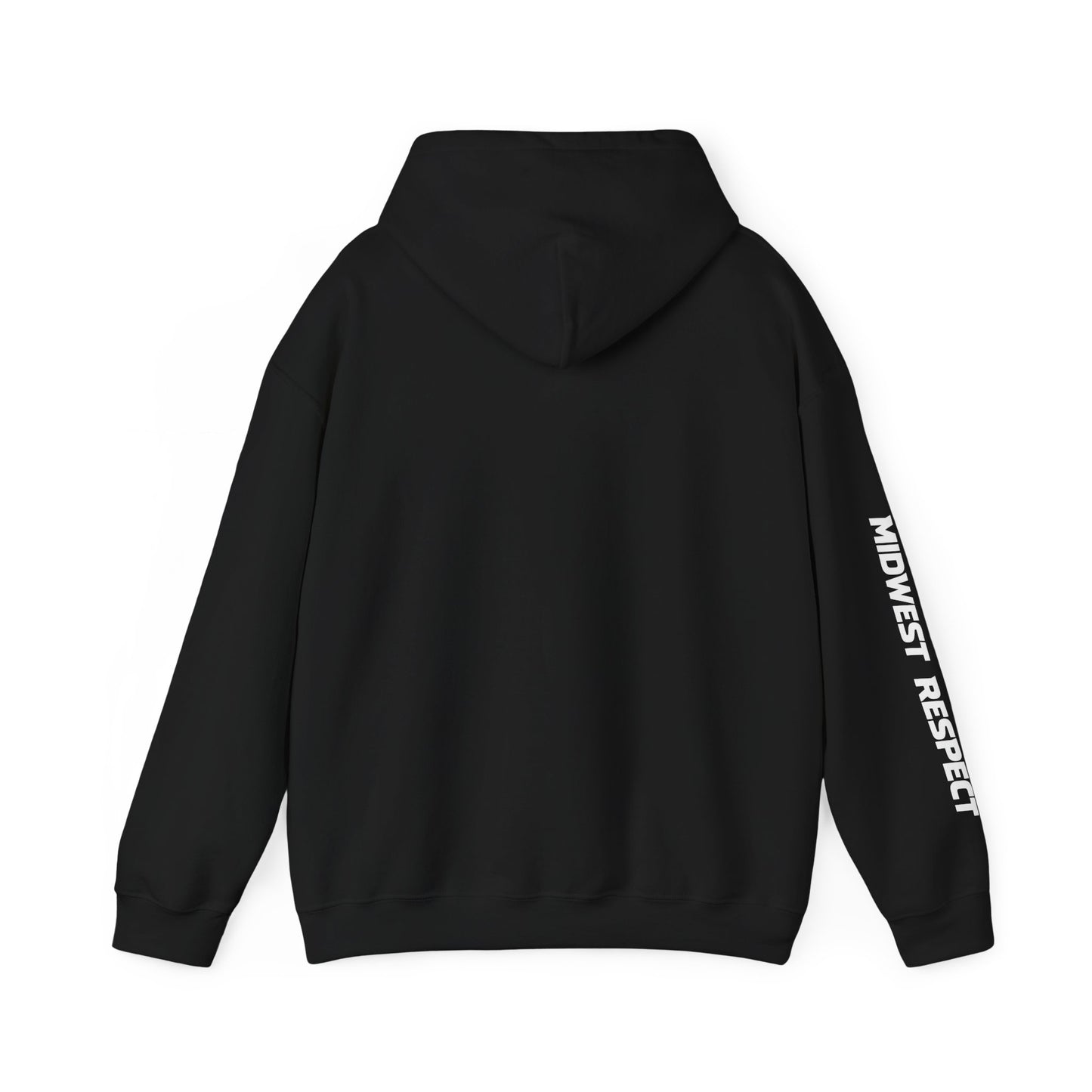 Black hoodie with 'Midwest Respect' text on sleeve against a white background