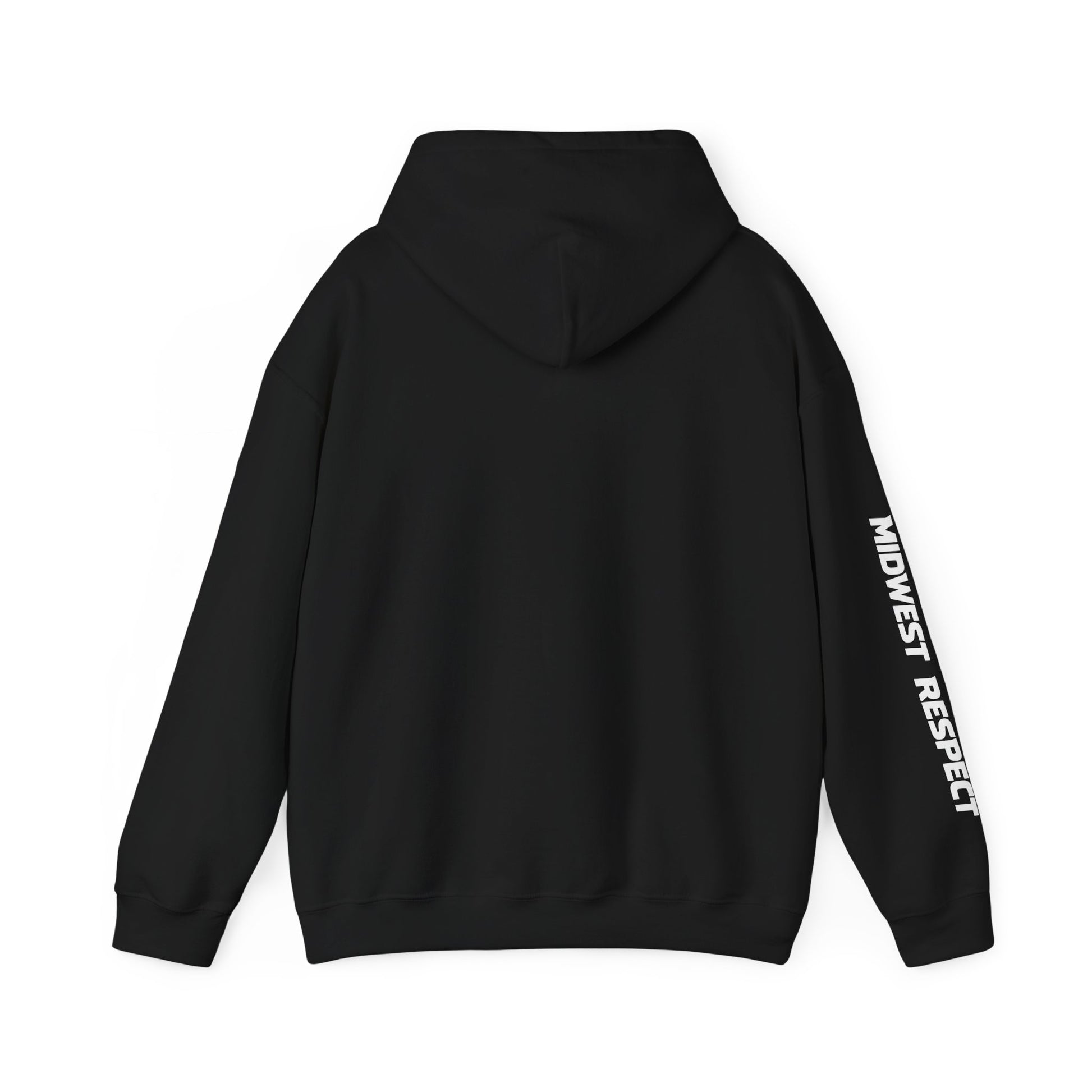 Black hoodie with 'Midwest Respect' text on sleeve against a white background