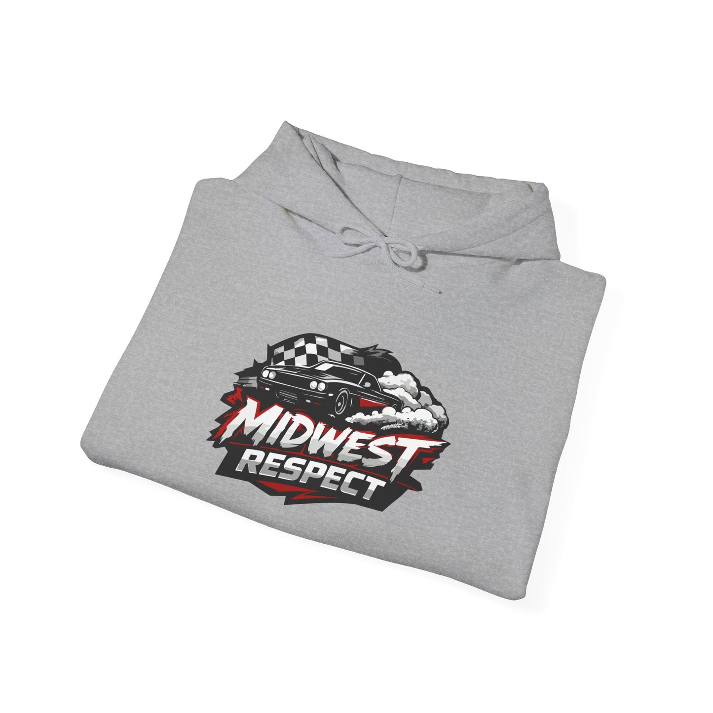 Gray hoodie with 'Midwest Respect' muscle car graphic design on a white background