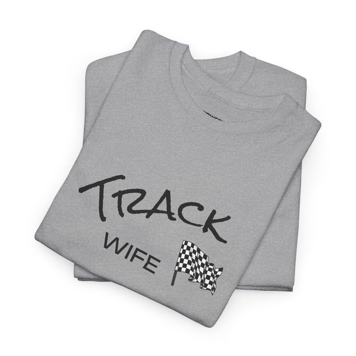 Gray t-shirt with 'Track Wife' text and checkered flag on a white background