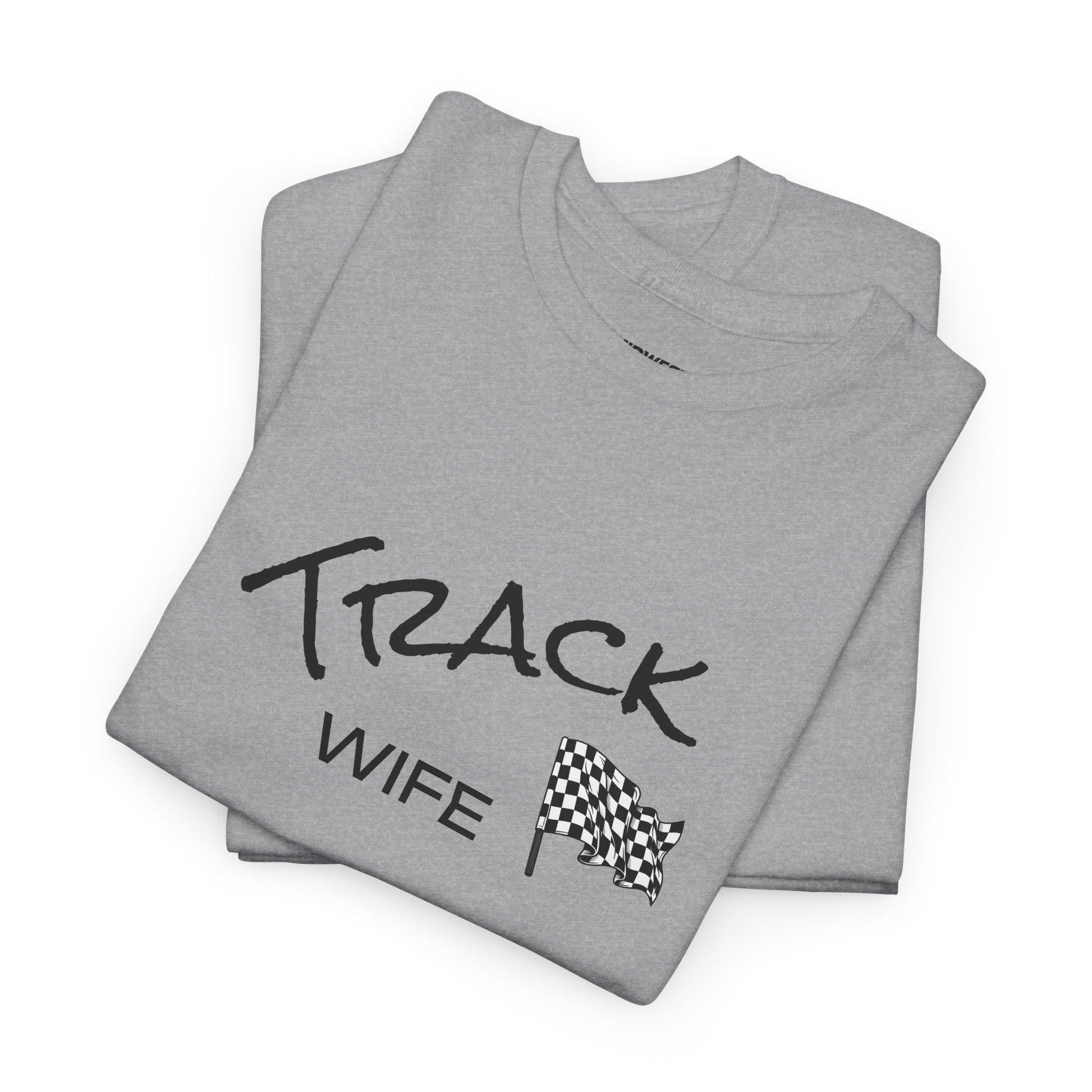 Gray t-shirt with 'Track Wife' text and checkered flag on a white background