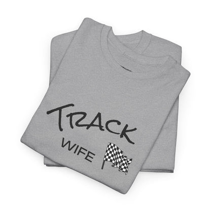Gray t-shirt with 'Track Wife' text and checkered flag on a white background