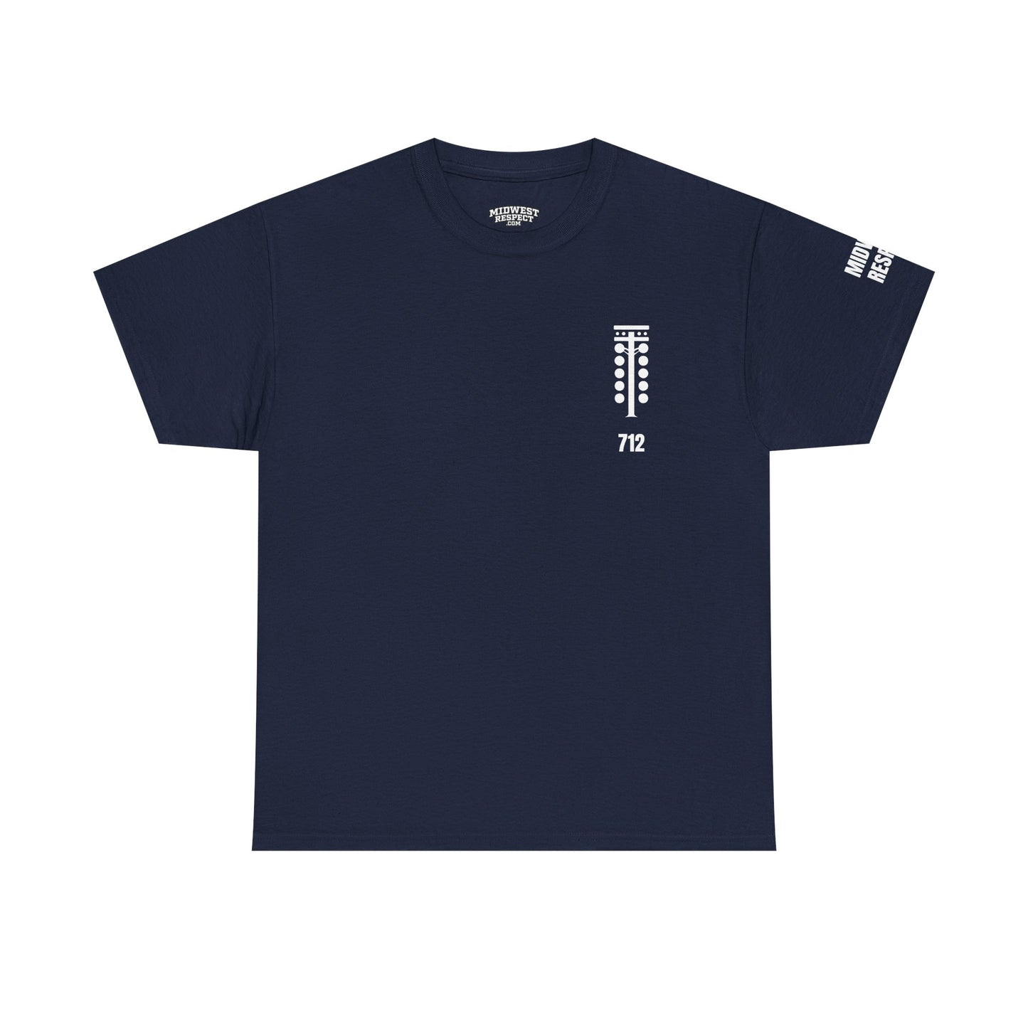 Navy blue t-shirt with white logo and text on a white background