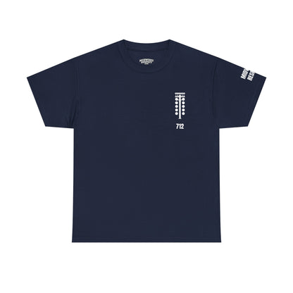 Navy blue t-shirt with white logo and text on a white background