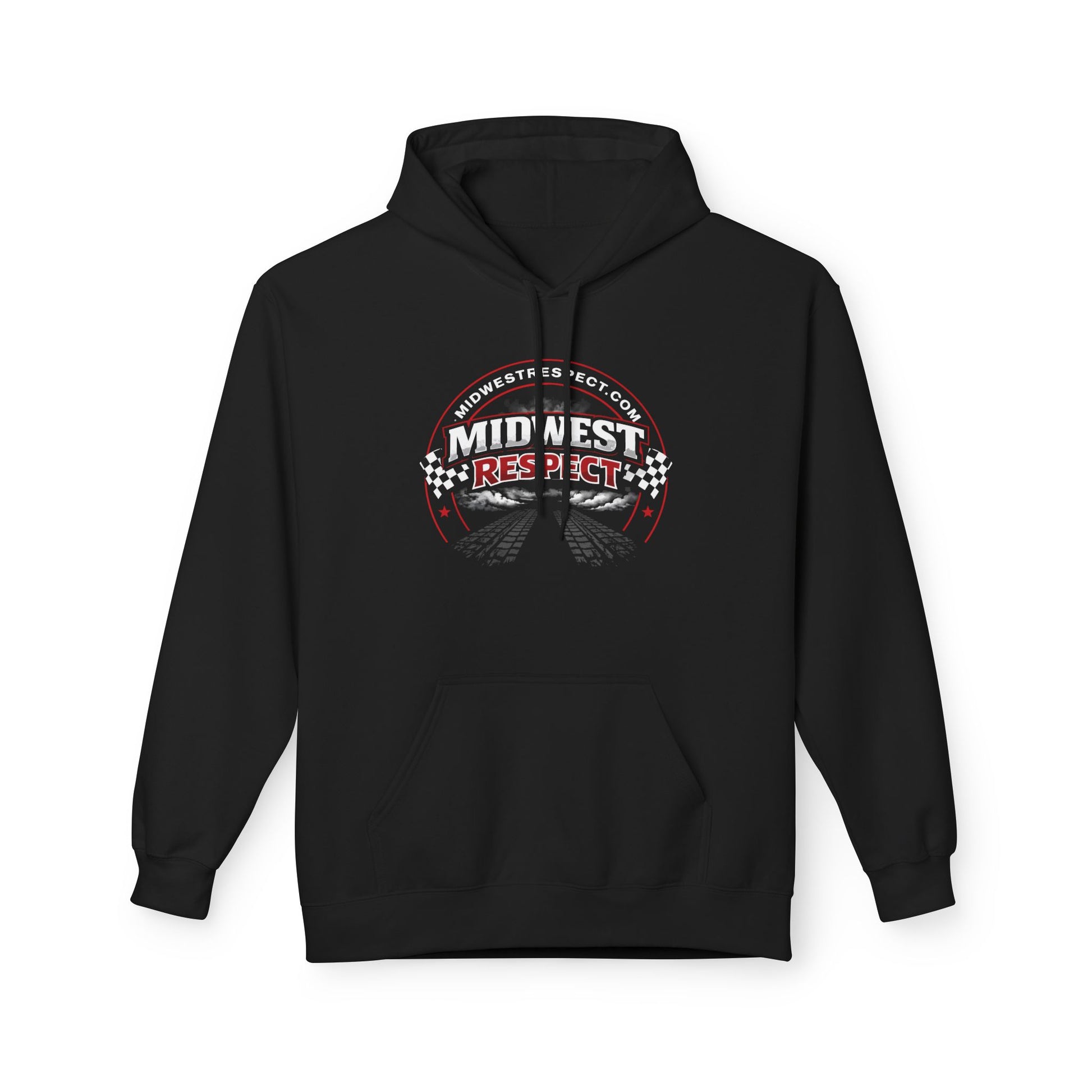 Black hoodie with 'Midwest Respect' graphic on a white background