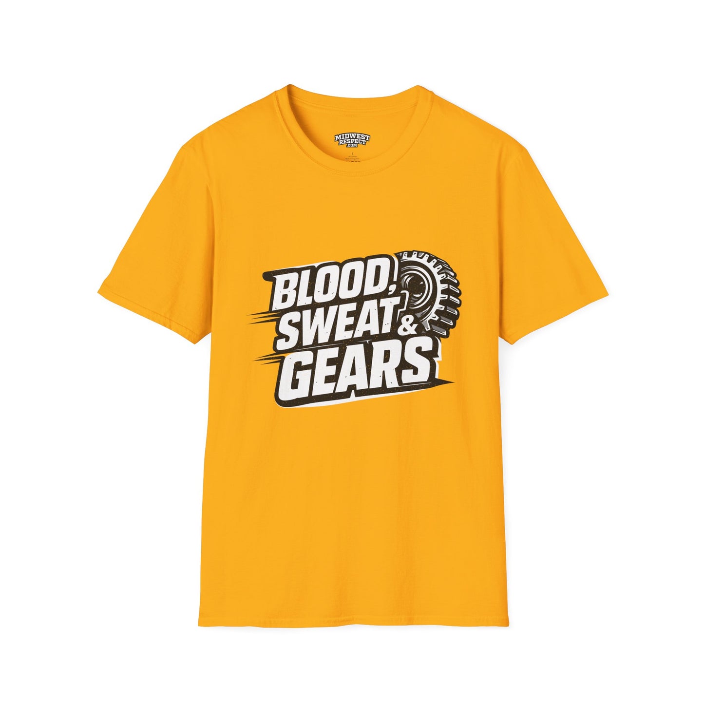 Yellow t-shirt with 'Blood, Sweat & Gears' graphic on a white background