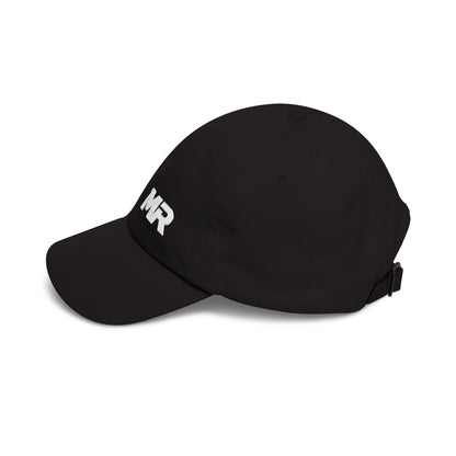 Black cap with a brand logo on a white background