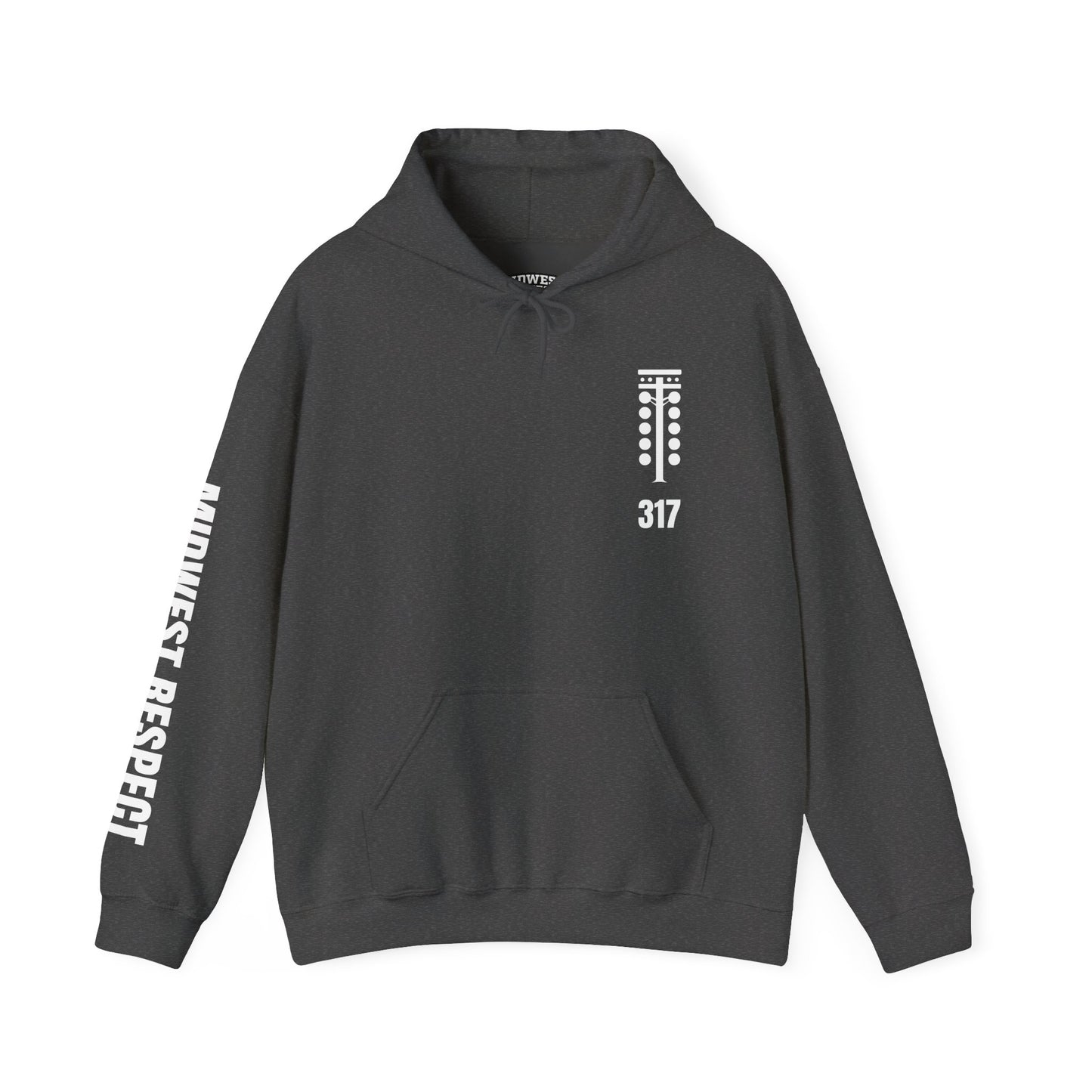 Gray hoodie with white text and logo on a white background