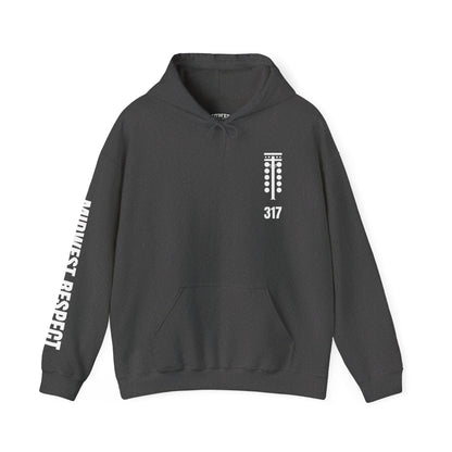 Gray hoodie with white text and logo on a white background
