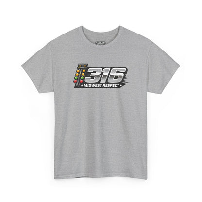 Gray t-shirt with a graphic design on a white background