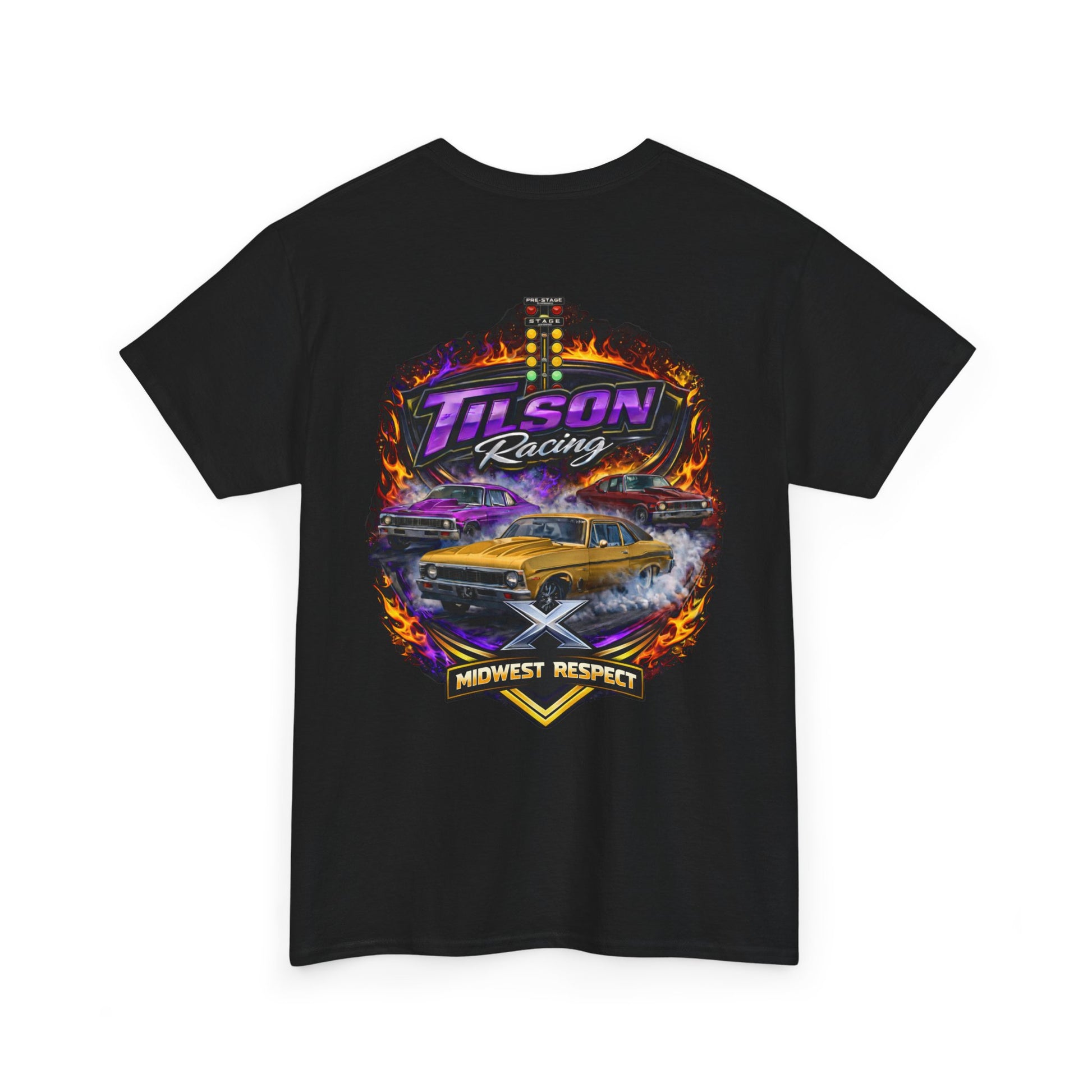 Black t-shirt with colorful 'Tilson Racing' graphic design on a white background