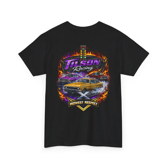 Black t-shirt with colorful 'Tilson Racing' graphic design on a white background