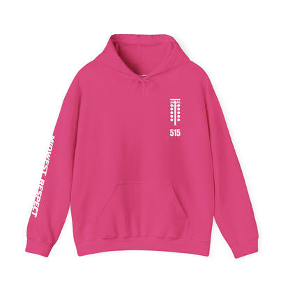 Pink hoodie with white graphics and text on a white background