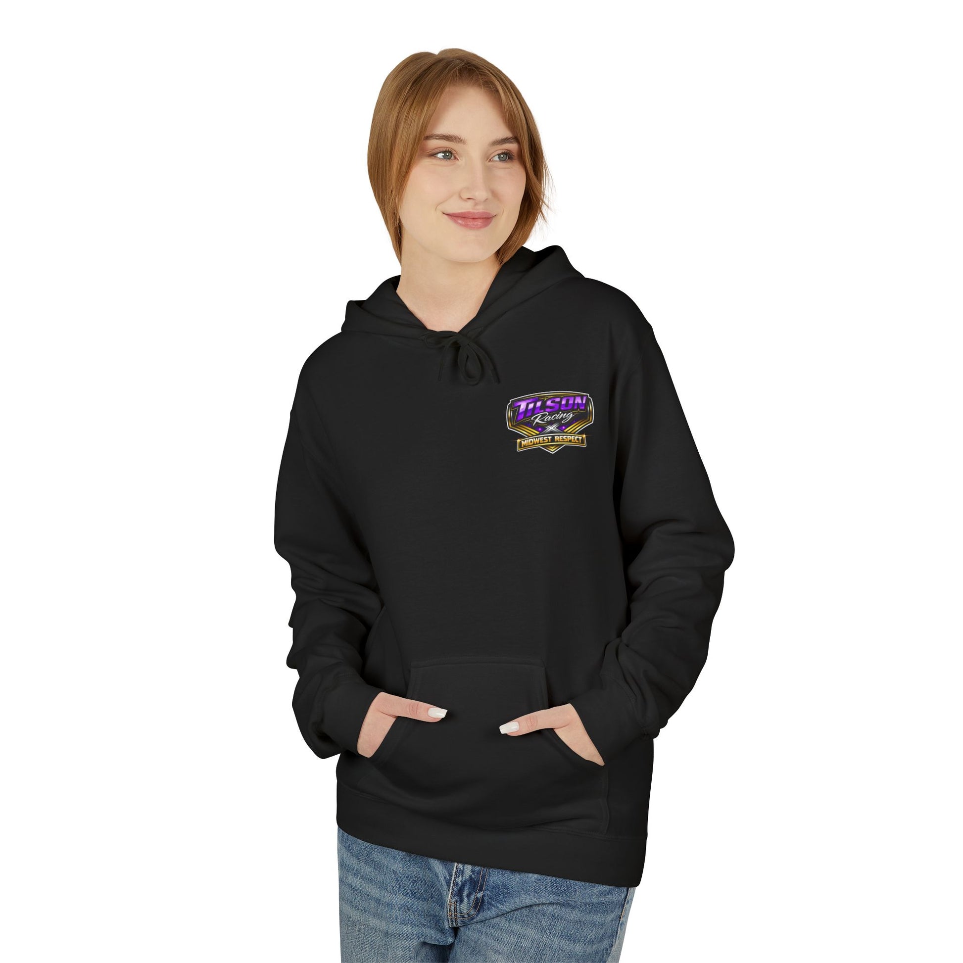 Person wearing a black hoodie with a logo on a white background