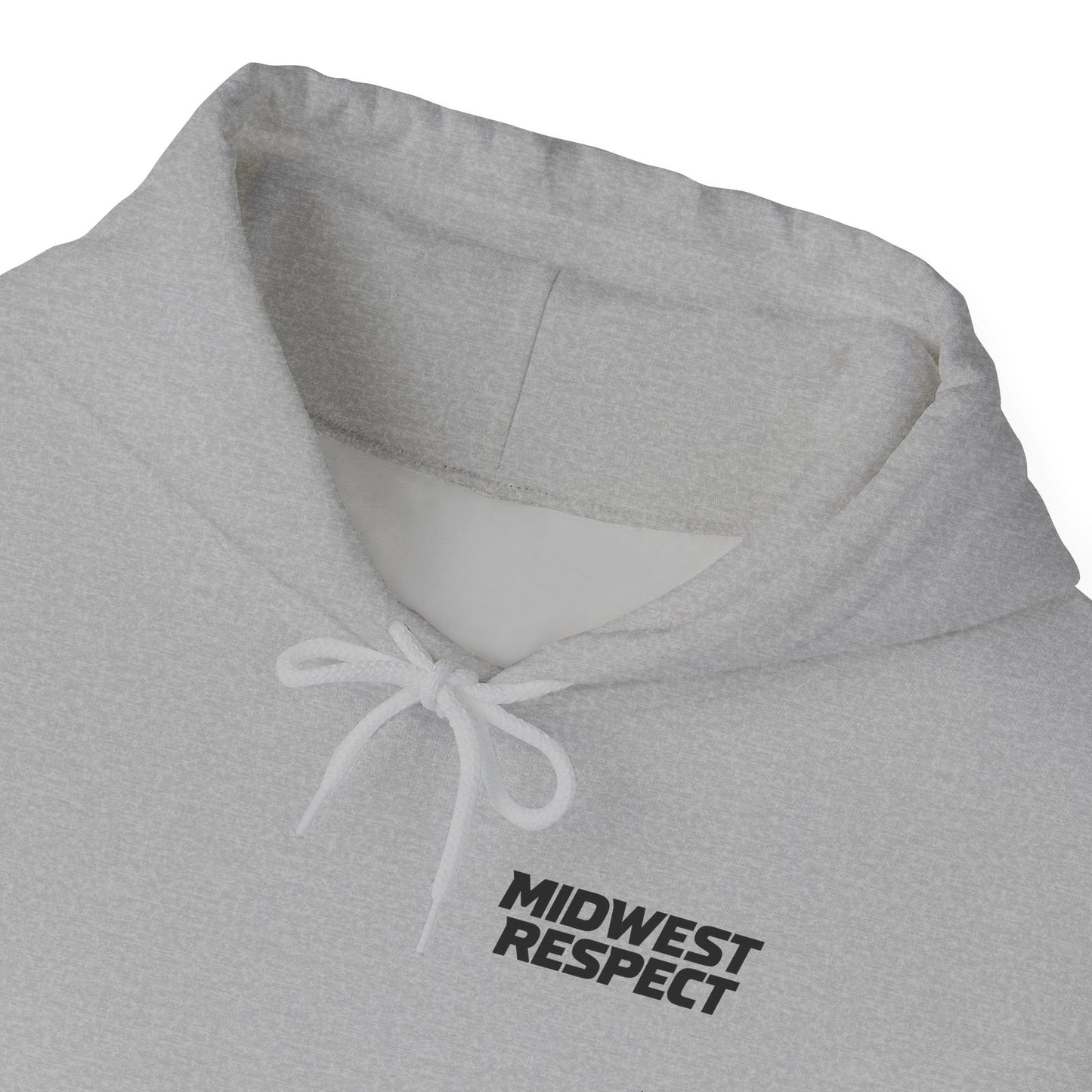 Gray hoodie with 'Midwest Respect' text on a white background