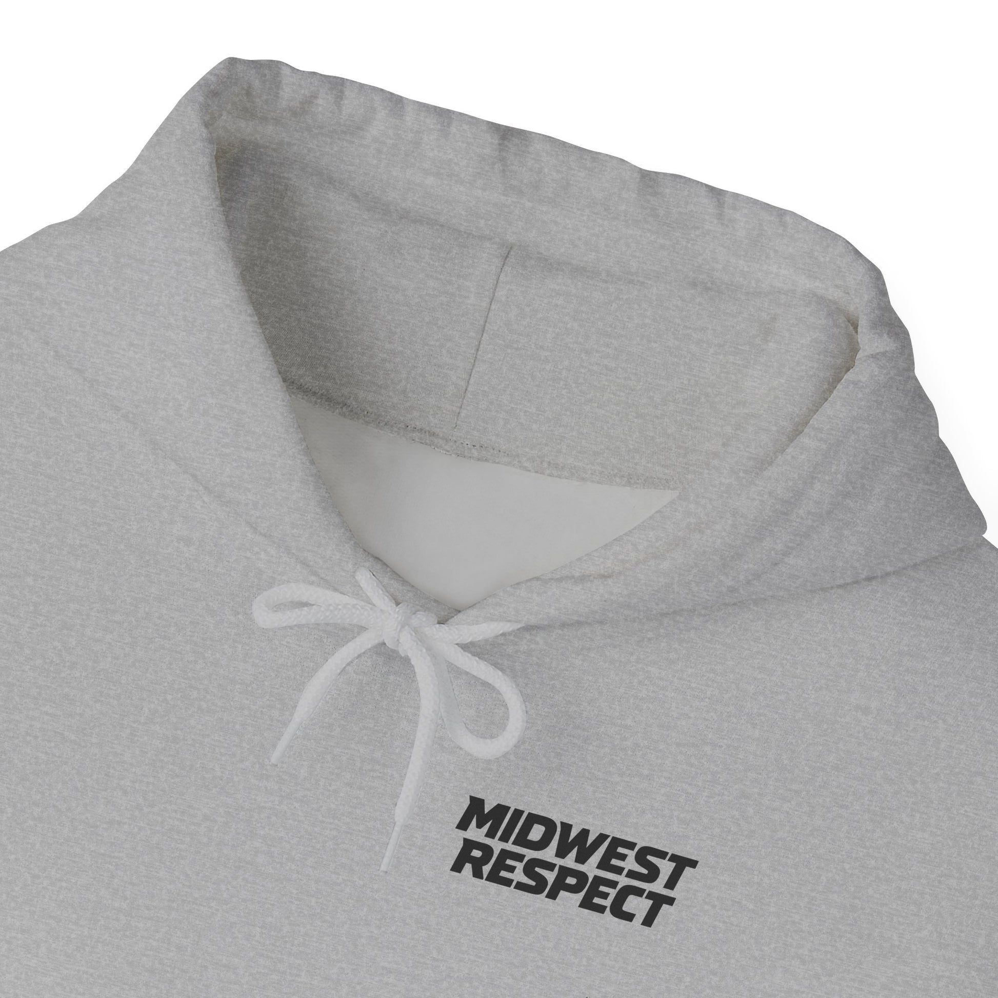 Gray hoodie with 'Midwest Respect' text on a white background
