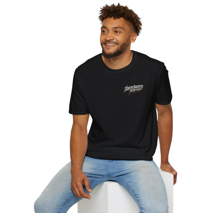 Man wearing a black t-shirt with a small graphic on a white background