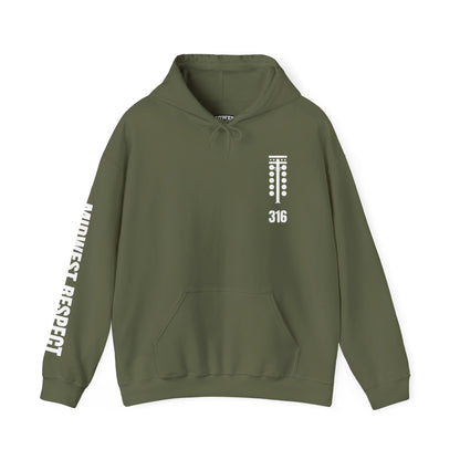 Military green hoodie with a 316 racing tree design in white on a white background
