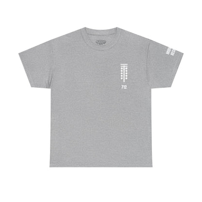 Gray t-shirt with white text and logos on a white background