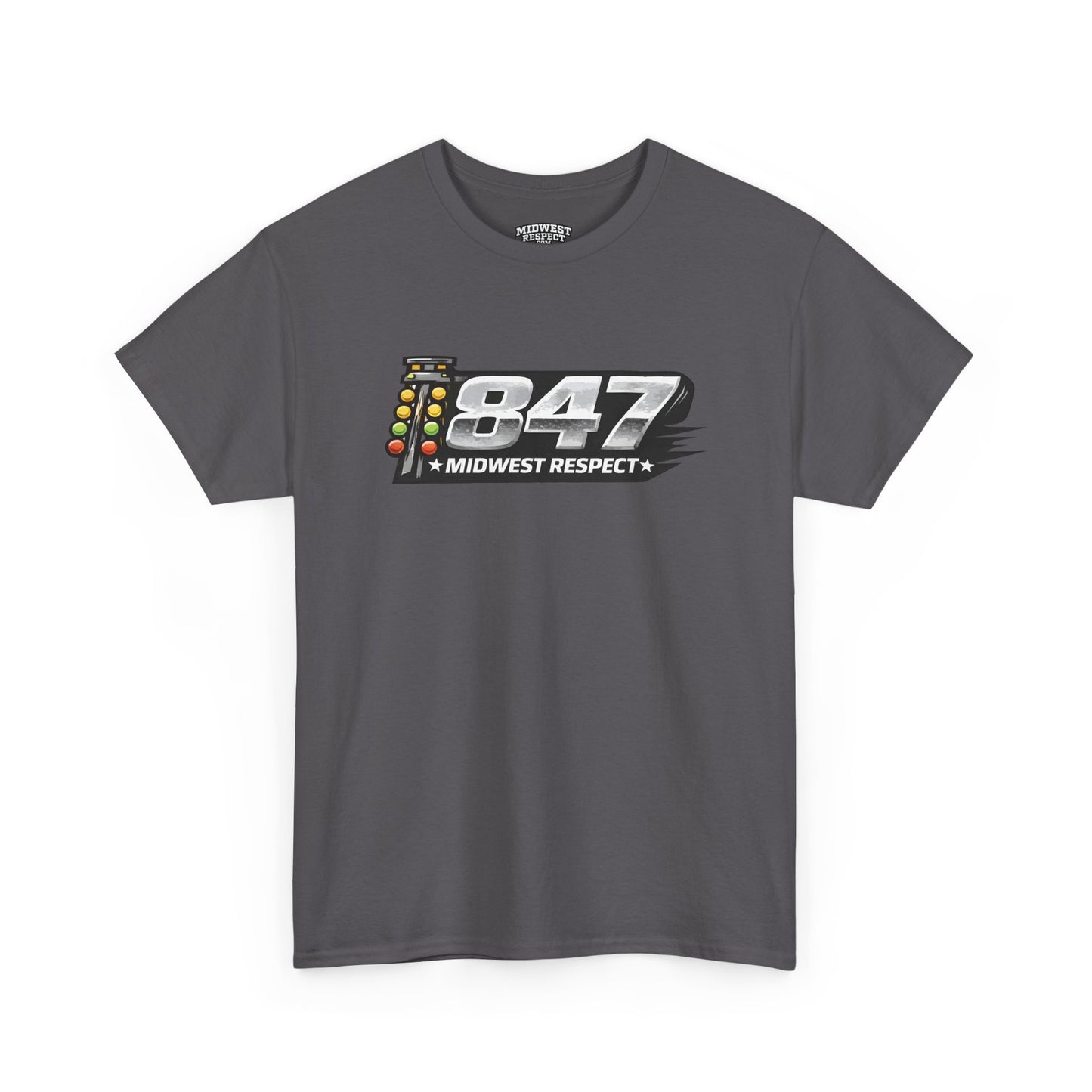 Gray t-shirt with a logo and text on a white background