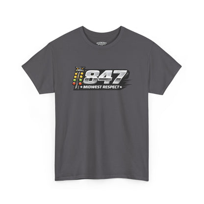 Gray t-shirt with a logo and text on a white background