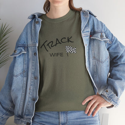 Person wearing a green t-shirt with 'TRACK WIFE' text and checkered flag graphic, paired with a denim jacket.