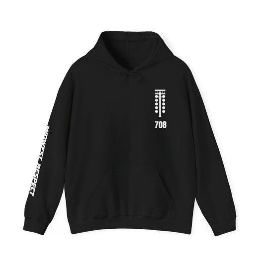Black hoodie with white text and design on a white background