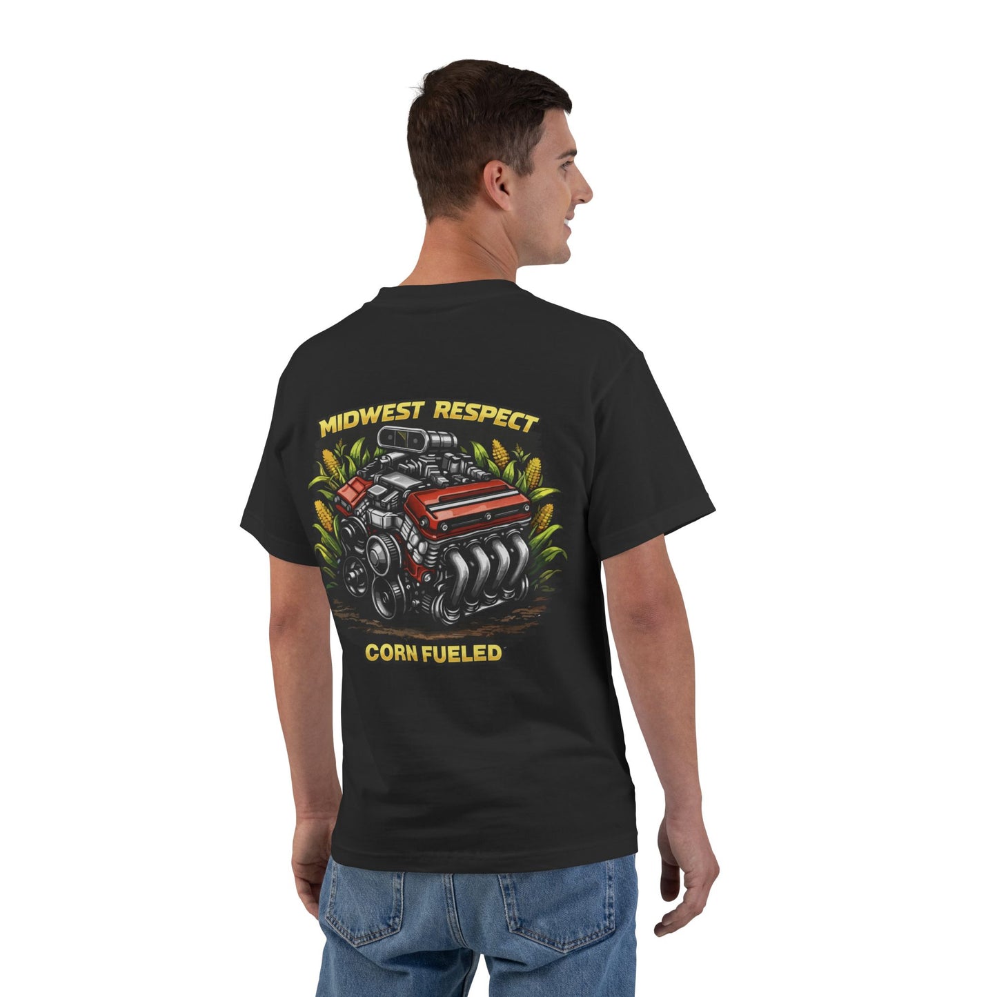 Man wearing a black t-shirt with text and an engine block graphic on the back, on a white background.