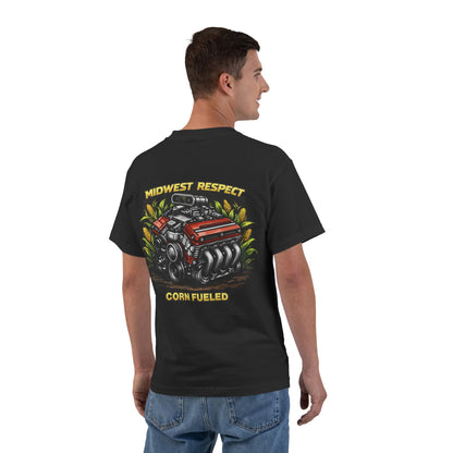 Man wearing a black t-shirt with text and an engine block graphic on the back, on a white background.