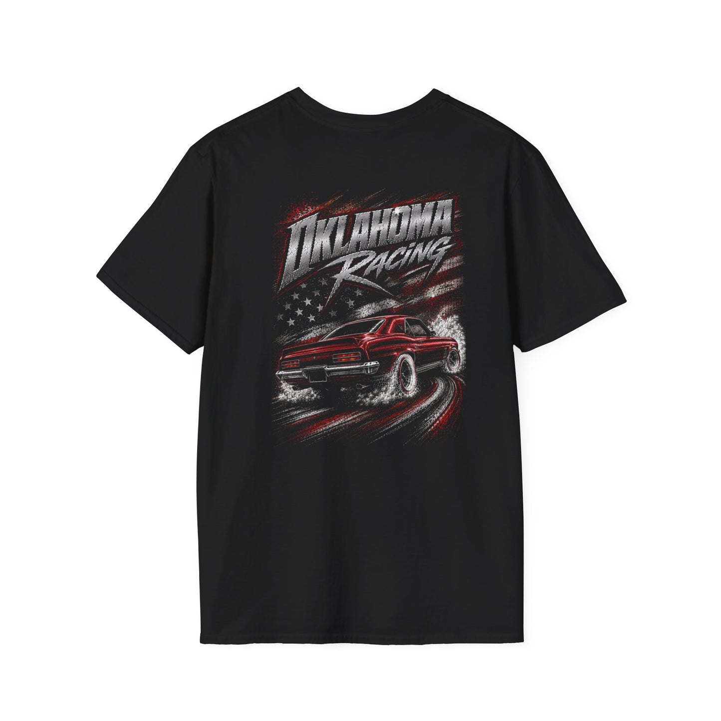 A black short-sleeve t-shirt with a graphic print on the back featuring a red muscle car, a distressed American flag, and the text 'Oklahoma Racing'.