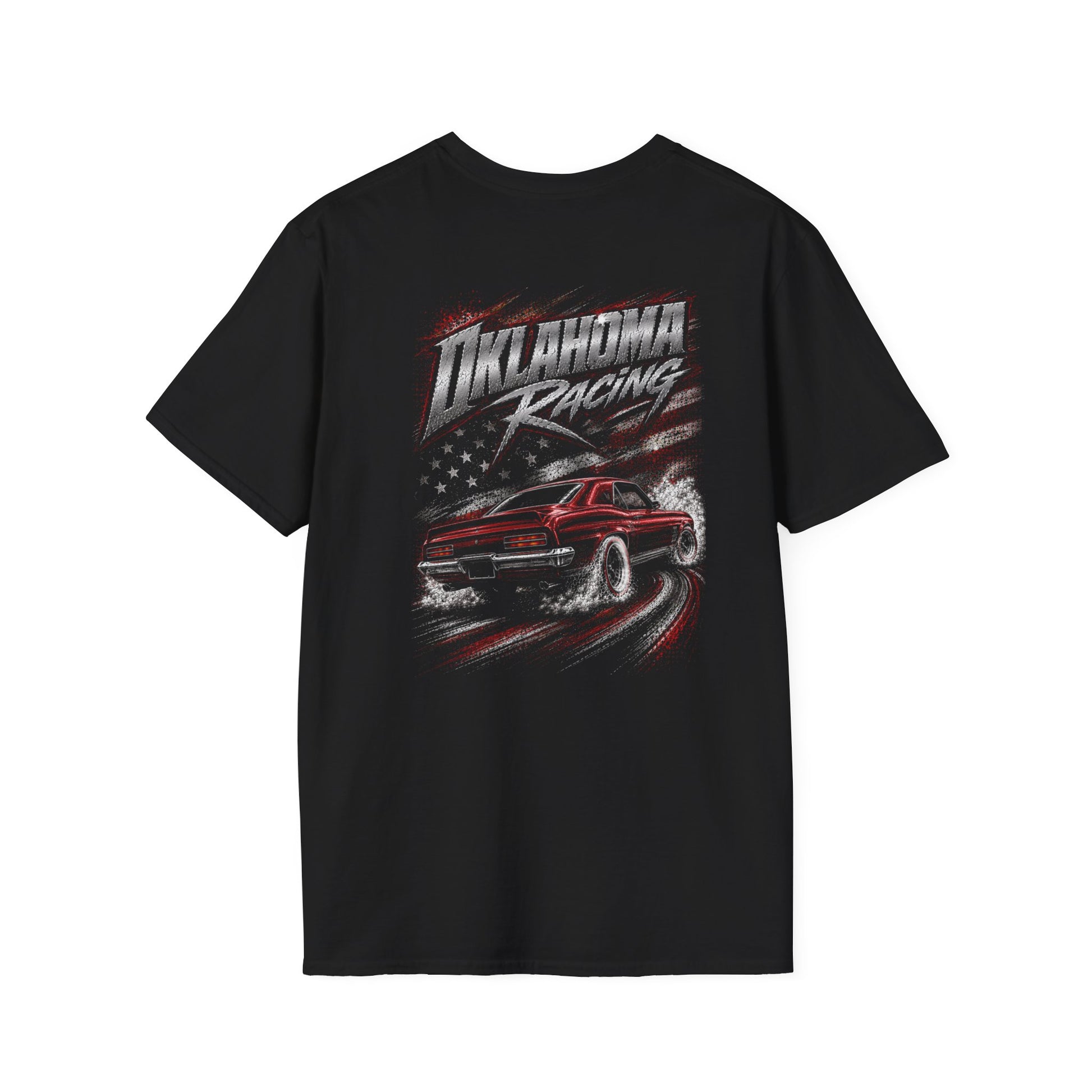 A black short-sleeve t-shirt with a graphic print on the back featuring a red muscle car, a distressed American flag, and the text 'Oklahoma Racing'.