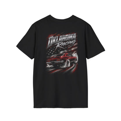 A black short-sleeve t-shirt with a graphic print on the back featuring a red muscle car, a distressed American flag, and the text 'Oklahoma Racing'.