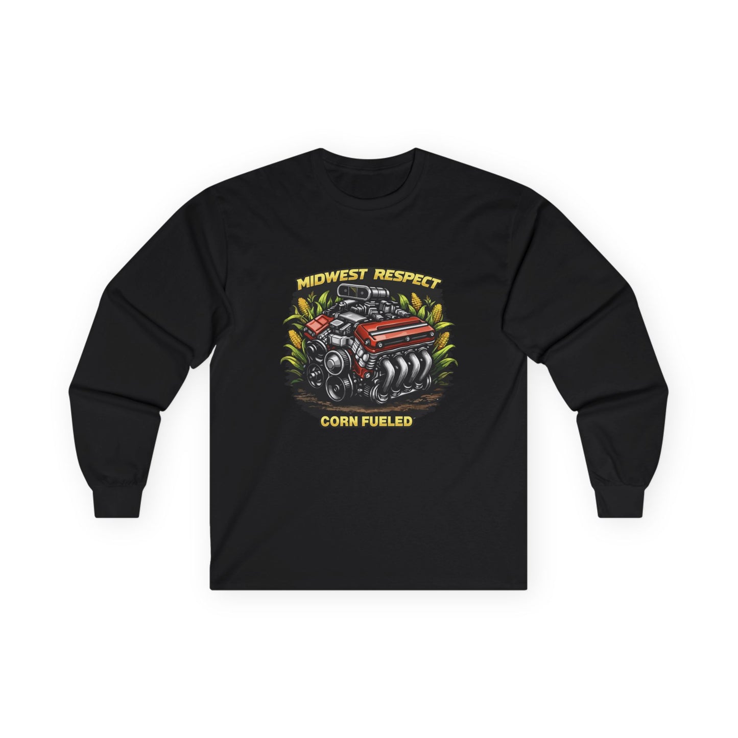 Black long-sleeve shirt with a graphic of a corn-fueled engine and text on a white background