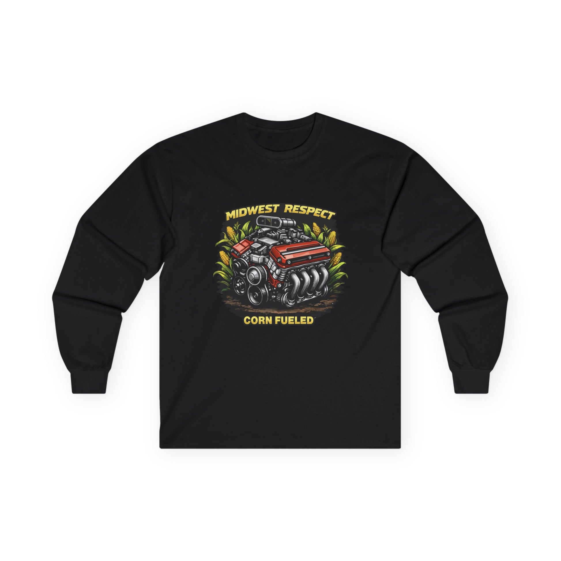 Black long-sleeve shirt with a graphic of a corn-fueled engine and text on a white background