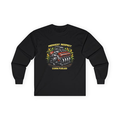Black long-sleeve shirt with a graphic of a corn-fueled engine and text on a white background