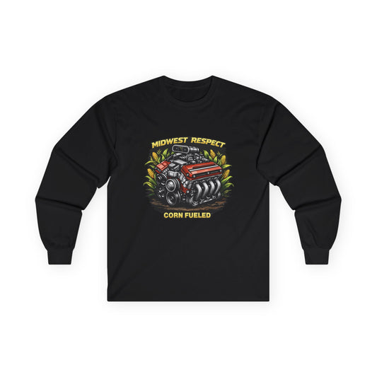 Black long-sleeve shirt with a graphic of a corn-fueled engine and text on a white background