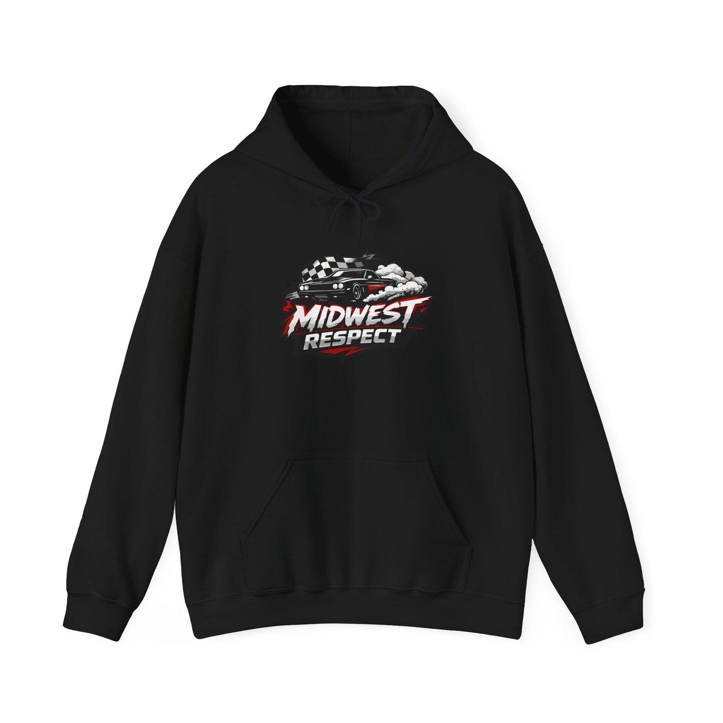 Black hoodie with 'Midwest Respect' muscle car graphic on a white background