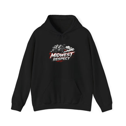 Black hoodie with 'Midwest Respect' muscle car graphic on a white background