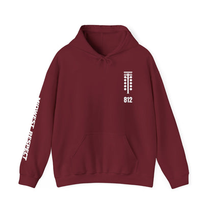 Maroon hoodie with white text and design on a white background