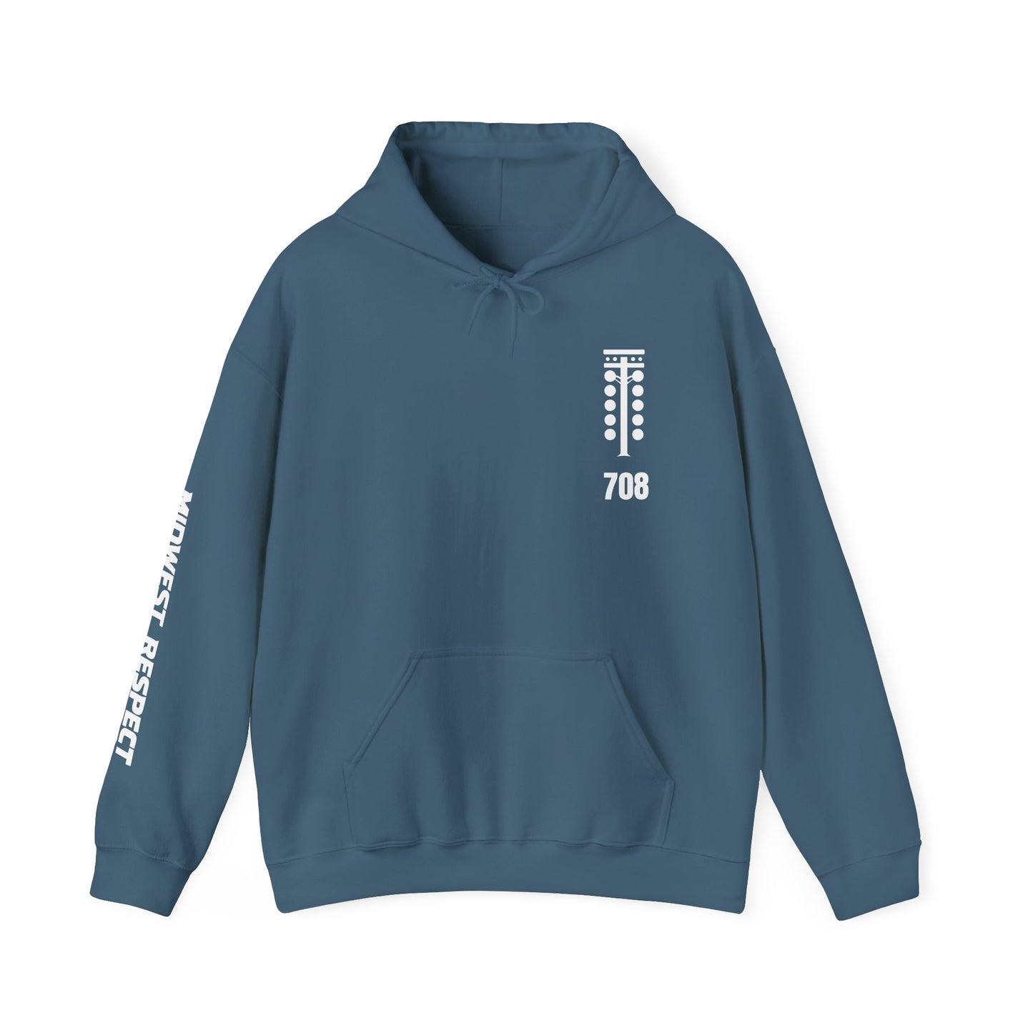 Blue hoodie with white text and design on a white background
