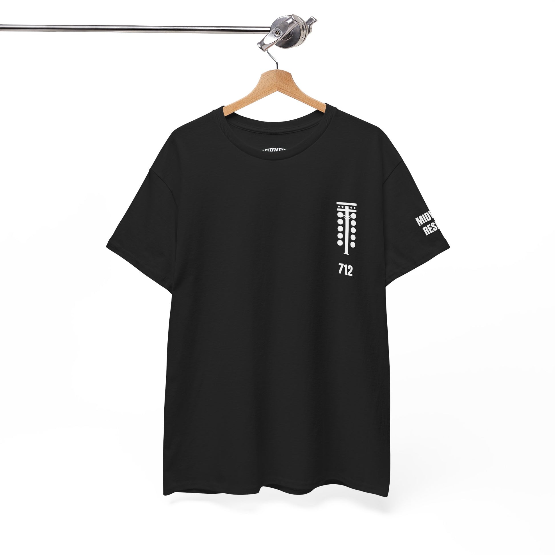 Black t-shirt with white text on a hanger against a white background