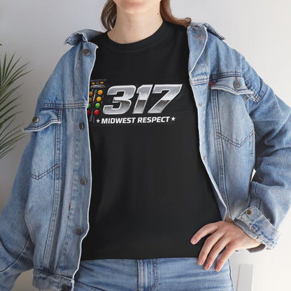 Person wearing a black t-shirt with '317 Midwest Respect' design and a denim jacket.