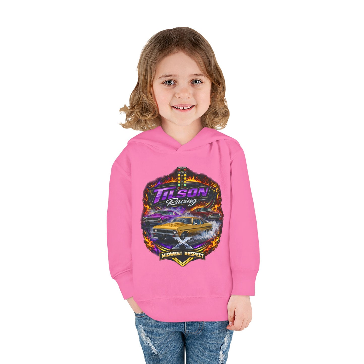 Child wearing a pink hoodie with a racing graphic on a white background